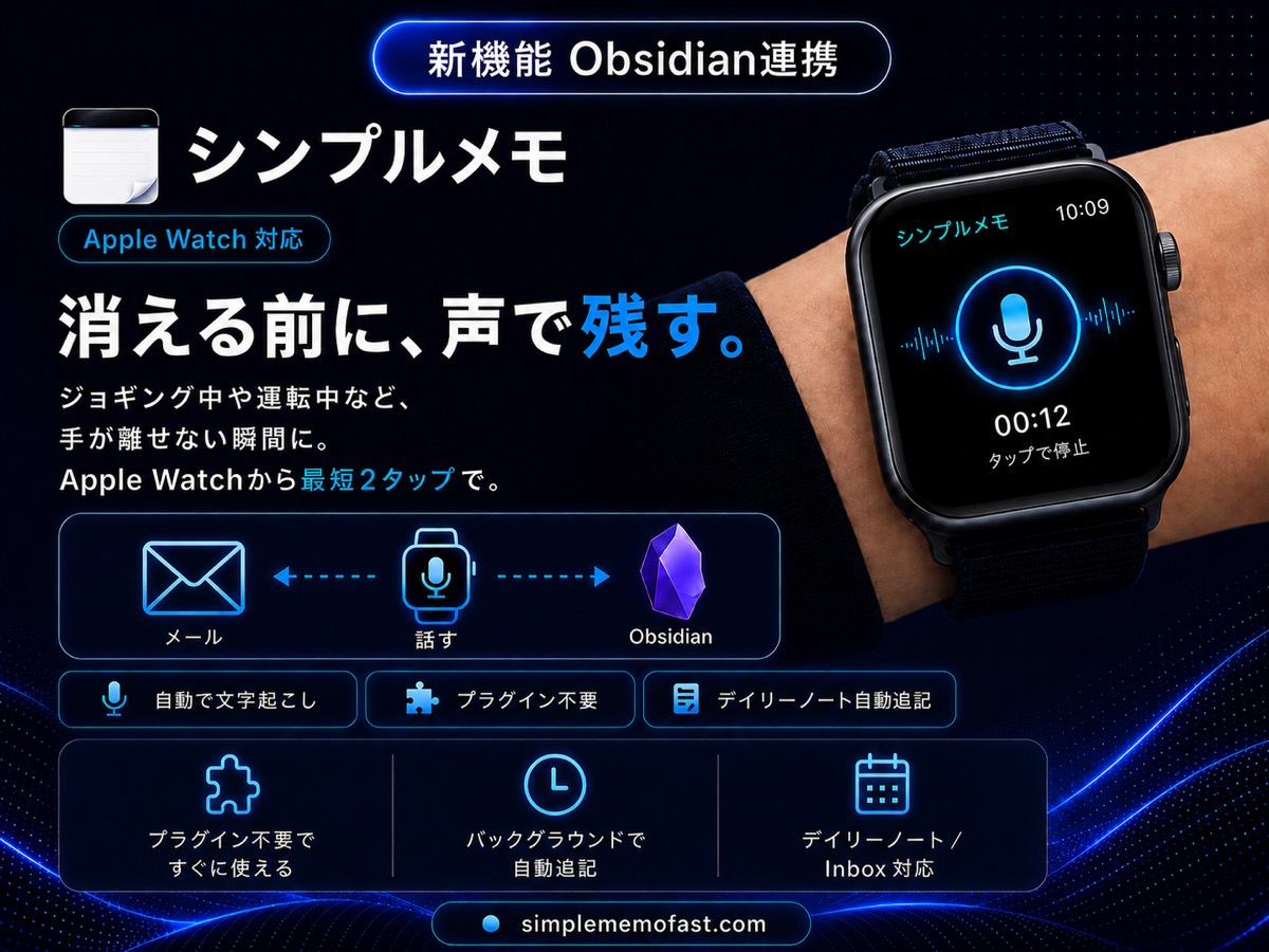 シンプルメモ Apple Watch対応 — Obsidian連携新機能。消える前に、声で残す。メール⇄話す⇄Obsidianの流れと、プラグイン不要・iPhone側の連携処理でObsidianに自動追記・デイリーノート／Inbox対応のバッジ