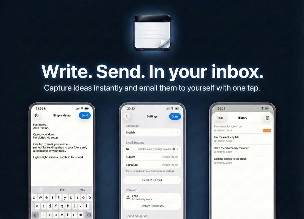 Simple Memo app screenshots — writing a memo, email settings, and send history on iPhone