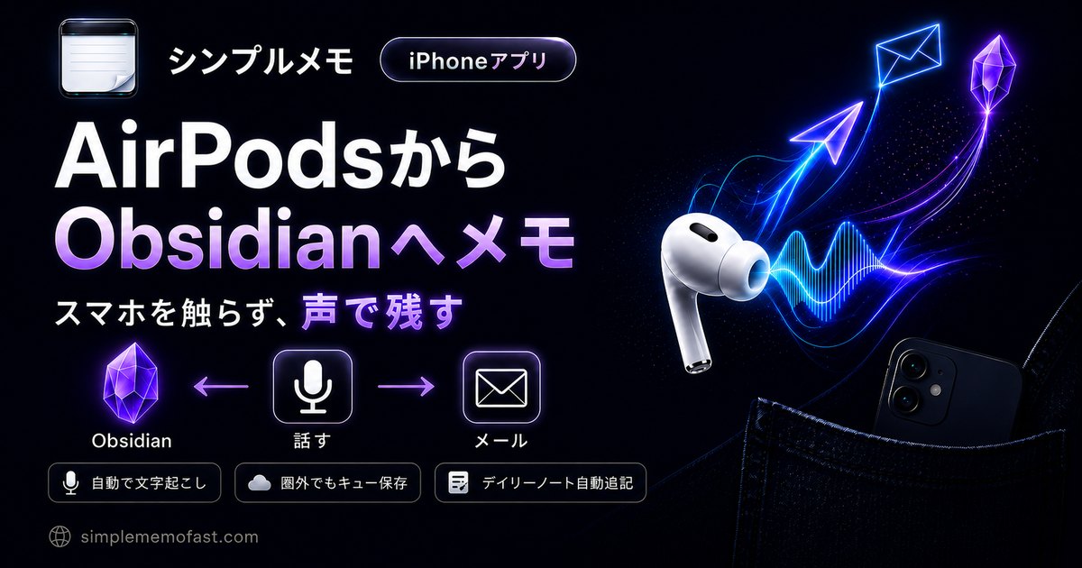 シンプルメモ（iPhoneアプリ） — AirPodsからObsidianへメモ。スマホを触らず、声で残す。話すだけで自動文字起こし、メールとObsidianのデイリーノートへ届く（圏外でもキュー保存）