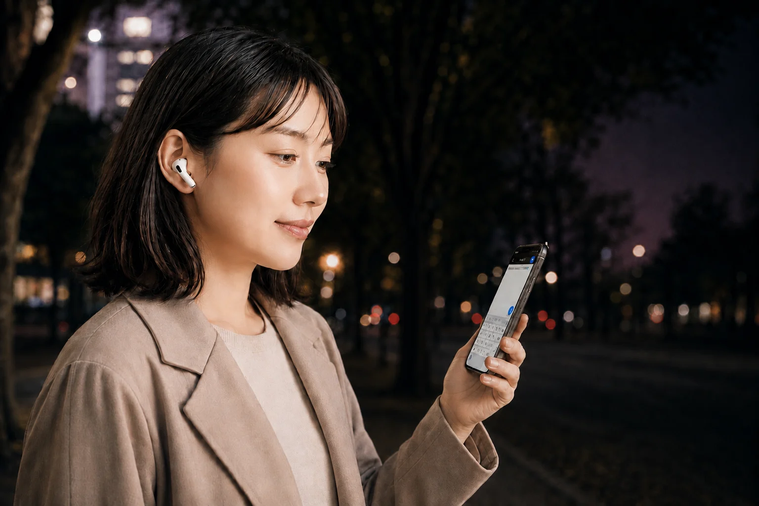 AirPods Proを着け、シンプルメモの入力画面を表示したiPhoneを手に持つ女性